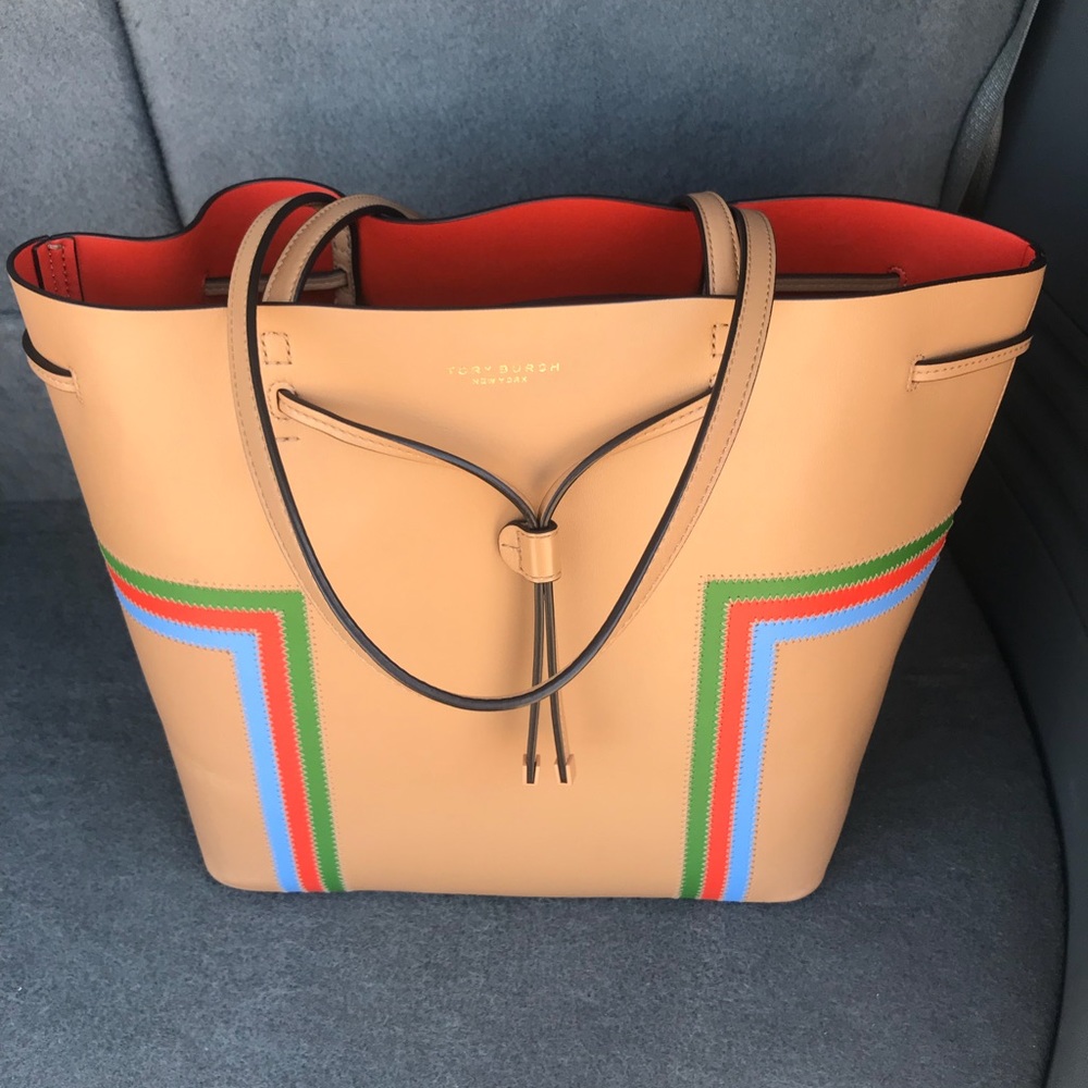Tory Burch Block T Drawstring Stripe Tote
